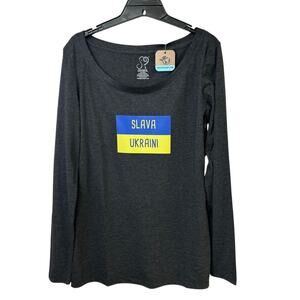 New Hand Printed Womens Large Slava Ukraini Ukraine Flag Long Sleeve Tee Shirt